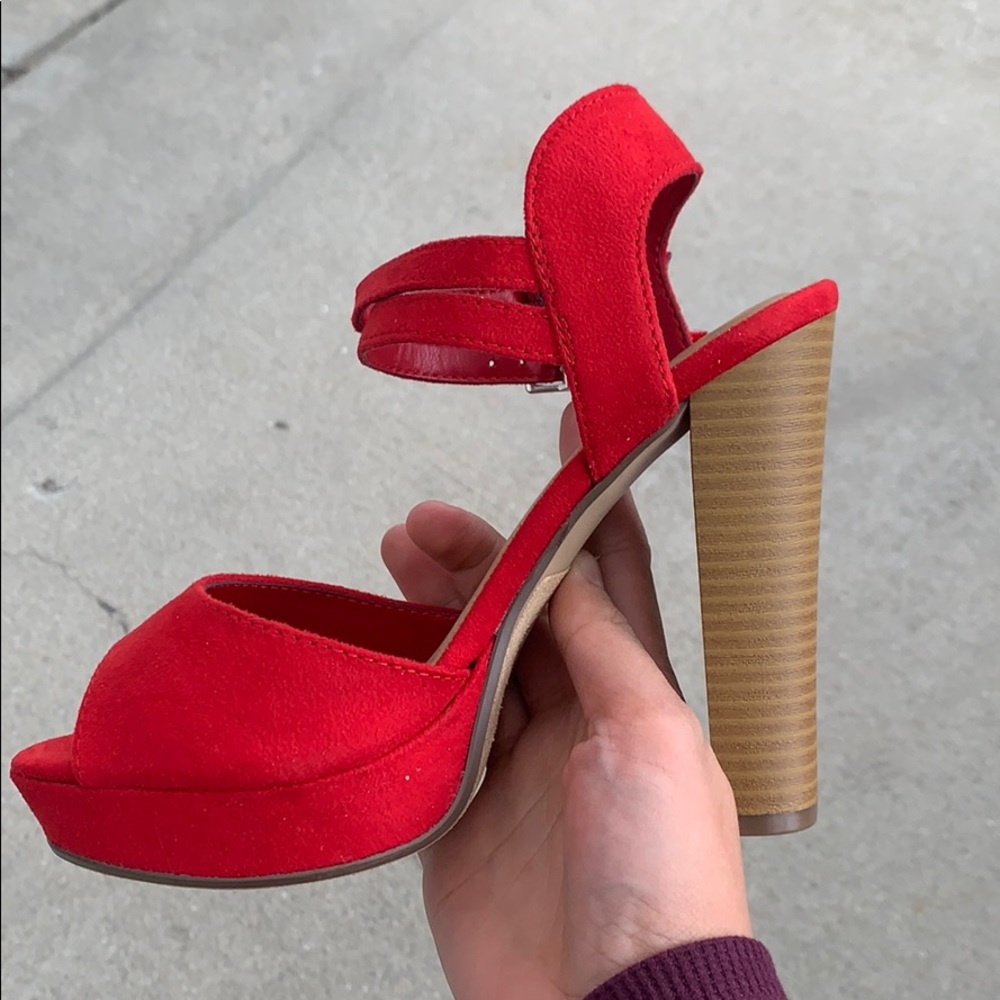 Red open toe double strap Stacked Heel Sandal - Picture 7 of 7